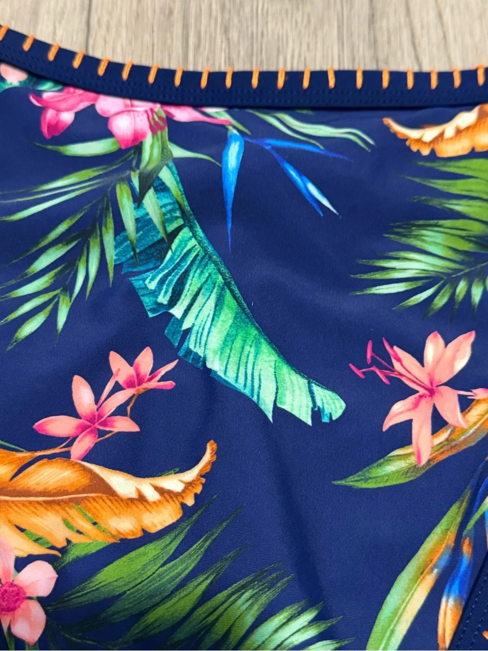 NWT Cupshe Tropical Navy Floral Bikini Set with Orange Stitching